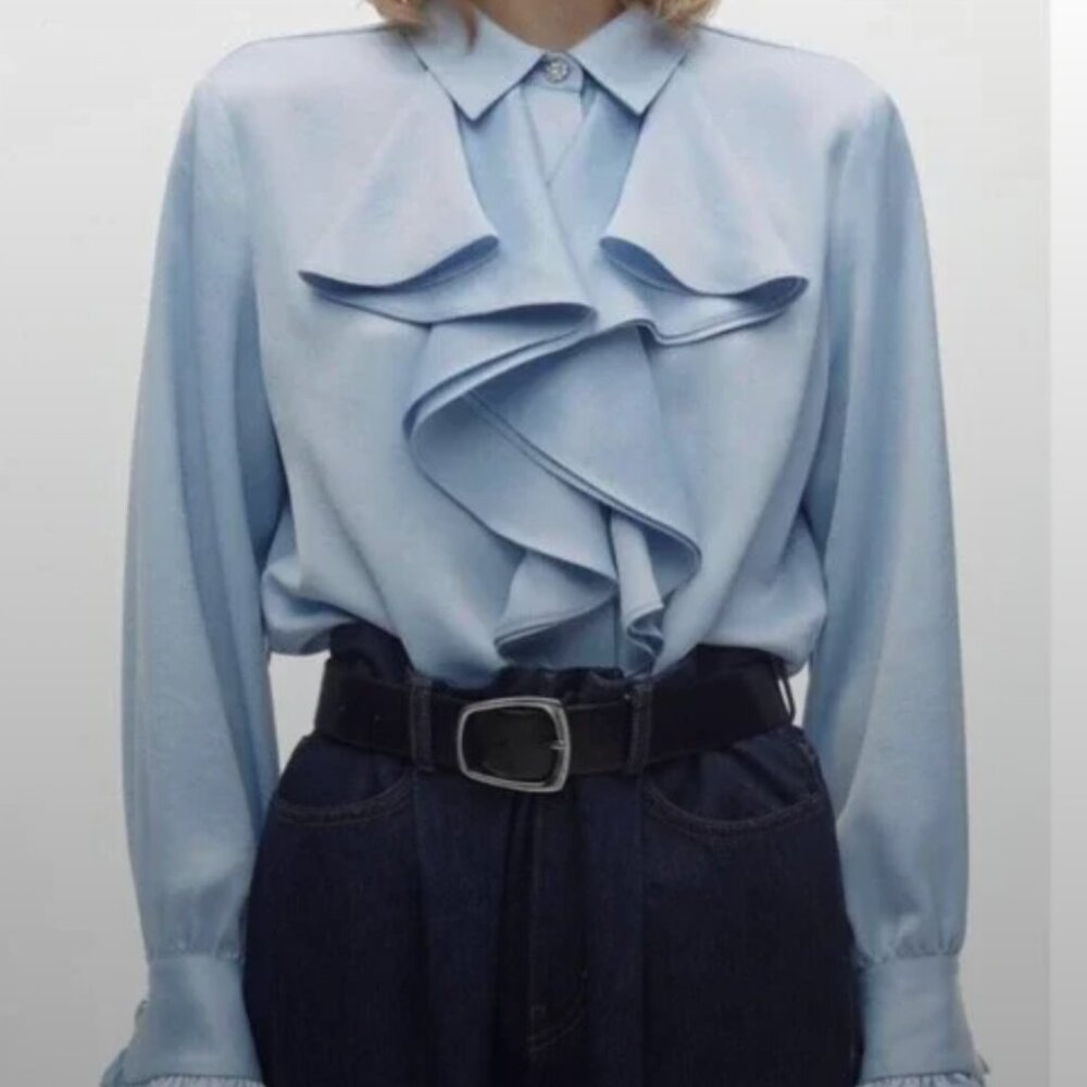 Zara Light Blue Ruffled Satin Shirt (Never Worn)